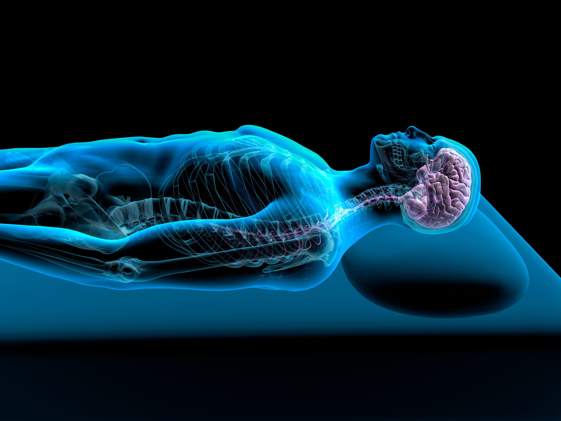 X-Ray View of Brain in Reclining Man on Bed